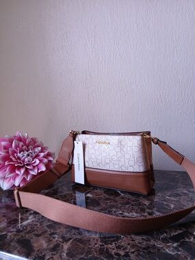 Calvin Klein Cream Monogram & Brown Leather Crossbody
